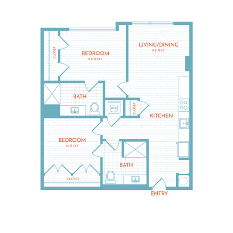 Floor plan for 2 beds, 2 baths, 830 sqft